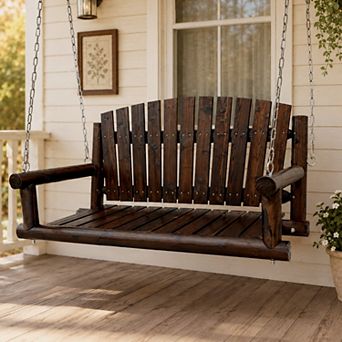 3.5 FT Rustic Log Wooden Porch Swing, Solid Fir Wood, Outdoor Hanging Bench for Patio, Garden, Yard