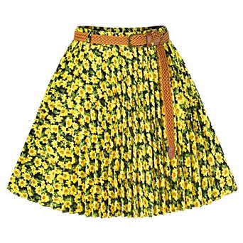 Women's Pleat Mini Skater Elastic Waist A-Line Floral Skirt with Belt