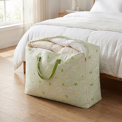 Dustproof Large Moving Bag, Green Floral Zipper Handbag Fit for Under Bed Placement