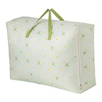 Dustproof Large Moving Bag, Green Floral Zipper Handbag Fit for Under Bed Placement