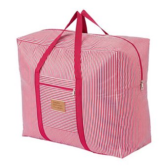 Large Capacity Striped Oxford Travel Bag, Wine Red Zipper Carry Bag for Household Organizing