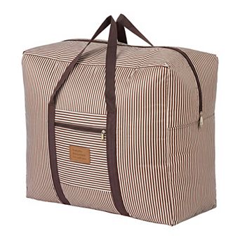 Large Capacity Striped Oxford Travel Bag, Wine Red Zipper Carry Bag for Household Organizing