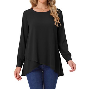Women's High Low Tops Crew Neck Chiffon Blouse Asymmetrical Loose Shirt Long Sleeve Casual Fall Top