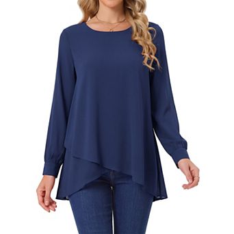 Women's High Low Tops Crew Neck Chiffon Blouse Asymmetrical Loose Shirt Long Sleeve Casual Fall Top