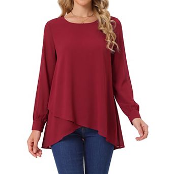 Women's High Low Tops Crew Neck Chiffon Blouse Asymmetrical Loose Shirt Long Sleeve Casual Fall Top