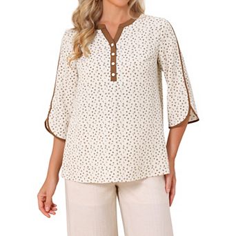 Women's Floral Tops Button Down Shirt 3/4 Sleeve Henley V Neck Dressy Loose Fit Casual Tunic Blouse