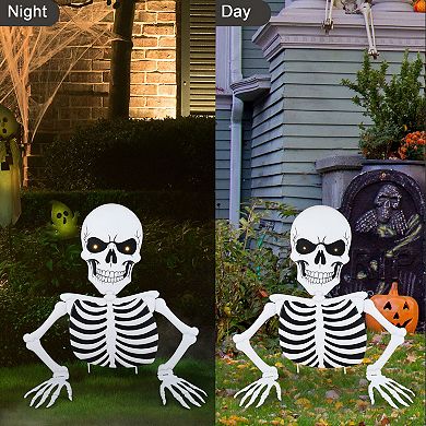 Glitzhome 35.75"H Halloween Lighted Metal Ground Breaking Skeleton Yard Stake w/Timer