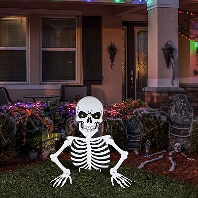 Glitzhome 35.75"H Halloween Lighted Metal Ground Breaking Skeleton Yard Stake w/Timer