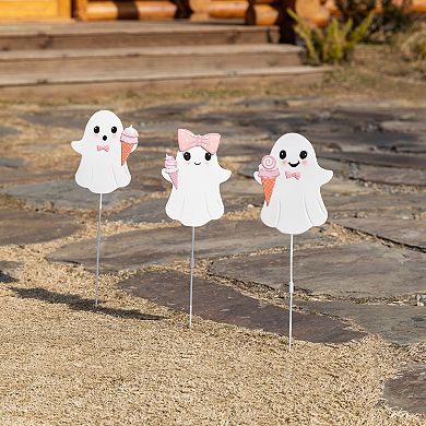 Glitzhome Set Of 3 23.75"H Halloween Metal Pink Ghosts Yard Stake