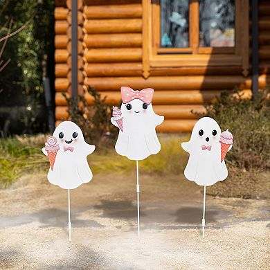 Glitzhome Set Of 3 23.75"H Halloween Metal Pink Ghosts Yard Stake