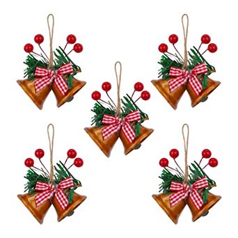 Double Christmas Bells Vintage Rustic Iron Hanging Ornaments 5 Pack Dual Tone Bells with Twine Rope