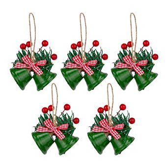 Double Christmas Bells Vintage Rustic Iron Hanging Ornaments 5 Pack Dual Tone Bells with Twine Rope