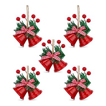 Double Christmas Bells Vintage Rustic Iron Hanging Ornaments 5 Pack Dual Tone Bells with Twine Rope