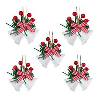 Double Christmas Bells Vintage Rustic Iron Hanging Ornaments 5 Pack Dual Tone Bells with Twine Rope