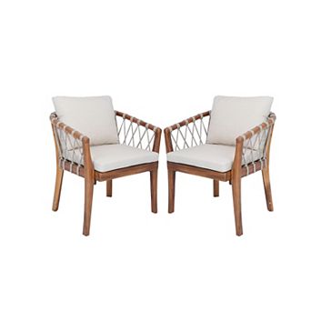 KWPZQEB 2 pc Bohemian Outdoor Dining Chairs, Wood Frame Leisure Chairs with Rope Weave & Cushion