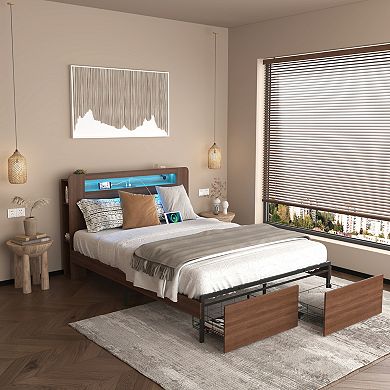 GOODSILO Wood Platform Bed Frame with Storage Drawers and LED Headboard