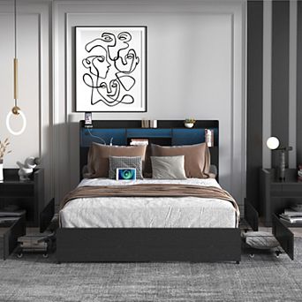 GOODSILO Wood Platform Bed Frame with Storage Drawers and LED Headboard