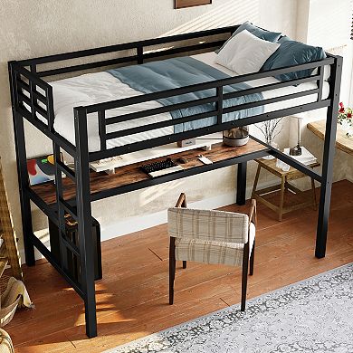 GOODSILO Loft Bed with Built-in Desk USB Charging Station and LED Lighting