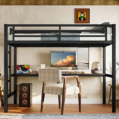 GOODSILO Loft Bed with Built-in Desk USB Charging Station and LED Lighting