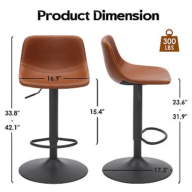 Adjustable Bar Stools Set of 2, With Back Support Counter, Pu Leather Bar Stool, for Kitchen Island