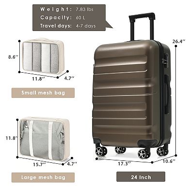 KWPZQEB 24-Inch Checked Suitcase with 2 Packing Cubes, Hardshell ABS Luggage Set of 3