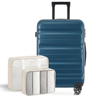 KWPZQEB 24-Inch Checked Suitcase with 2 Packing Cubes, Hardshell ABS Luggage Set of 3