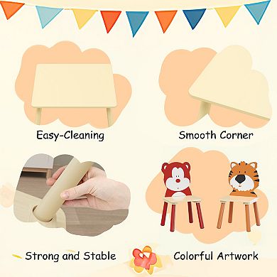 3 Piece Kids Table and Chairs Set, Animals Chair, Activity Play Table Set, for Study, Drawing, Play