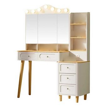 43" Makeup Vanity Desk, with Mirror and Lights & Power Outl, 5 Drawers& 6 Storage Shelves