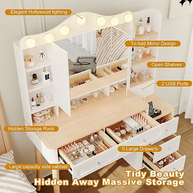 43" Makeup Vanity Desk, with Mirror and Lights & Power Outl, 5 Drawers& 6 Storage Shelves
