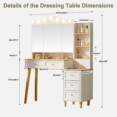 43" Makeup Vanity Desk, with Mirror and Lights & Power Outl, 5 Drawers& 6 Storage Shelves