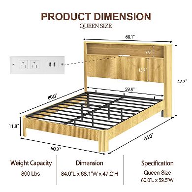 GOODSILO Storage Bed Frame with Charging Station Headboard and Modern Wave Design