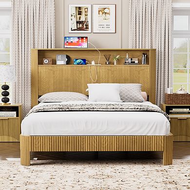 GOODSILO Storage Bed Frame with Charging Station Headboard and Modern Wave Design