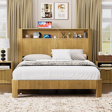 GOODSILO Storage Bed Frame with Charging Station Headboard and Modern Wave Design