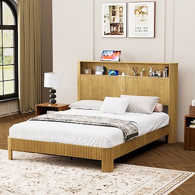 GOODSILO Storage Bed Frame with Charging Station Headboard and Modern Wave Design