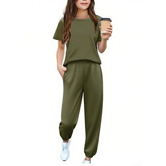 Arshiner Girls Piece Outfits Short Sleeve Pullover Sweatshirt And Sweatpants With Pockets Track