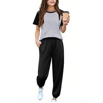 Arshiner Girls Piece Outfits Short Sleeve Pullover Sweatshirt And Sweatpants With Pockets Track