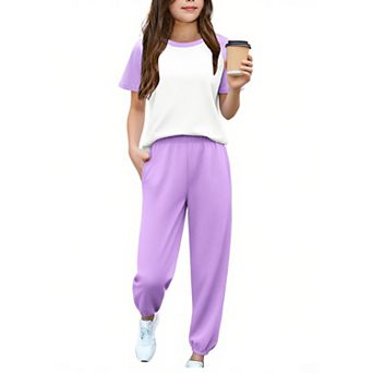 Arshiner Girls Piece Outfits Short Sleeve Pullover Sweatshirt And Sweatpants With Pockets Track