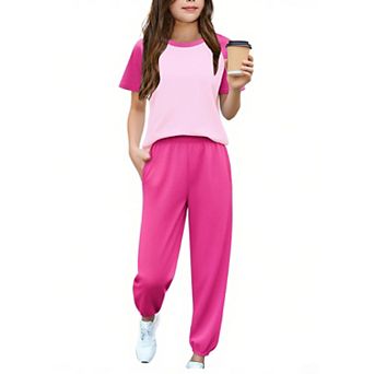 Arshiner Girls Piece Outfits Short Sleeve Pullover Sweatshirt And Sweatpants With Pockets Track