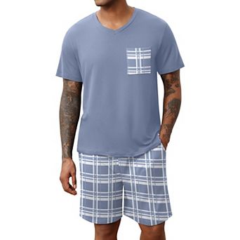 Ekouaer Mens Pajamas Set Soft Lounge Set V Neck Sleep Nightwear Short Sleeve Pjs with Pocket