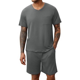 Ekouaer Mens Pajamas Set Soft Lounge Set V Neck Sleep Nightwear Short Sleeve Pjs with Pocket