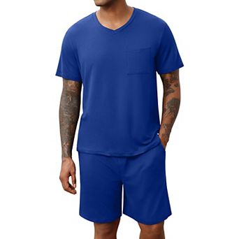 Ekouaer Mens Pajamas Set Soft Lounge Set V Neck Sleep Nightwear Short Sleeve Pjs with Pocket