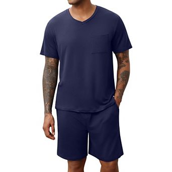 Ekouaer Mens Pajamas Set Soft Lounge Set V Neck Sleep Nightwear Short Sleeve Pjs with Pocket