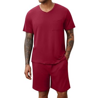 Ekouaer Mens Pajamas Set Soft Lounge Set V Neck Sleep Nightwear Short Sleeve Pjs with Pocket