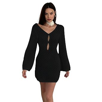 Women's Fashion Hollow-Out Knit Dress Long Sleeve Backless Casual Slim Fit Dress