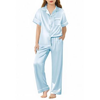 Arshiner Girls Pajamas Silk Satin Button Down Pajamas Piece Short Sleeve Sleepwear Set