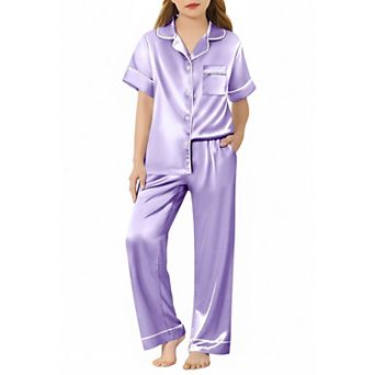 Arshiner Girls Pajamas Silk Satin Button Down Pajamas Piece Short Sleeve Sleepwear Set