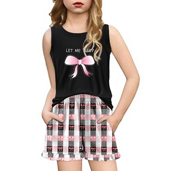 Arshiner Girls Pajamas Summer Ruffle Sleepwear Cute Tank Top And Shorts Set Pajamas Outfit Bow Heart