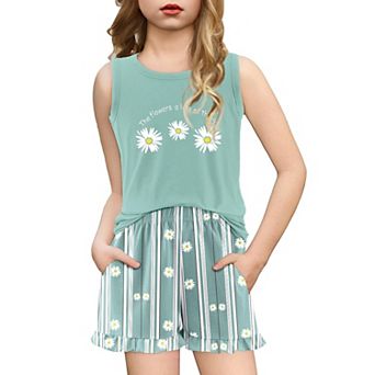 Arshiner Girls Pajamas Summer Ruffle Sleepwear Cute Tank Top And Shorts Set Pajamas Outfit Bow Heart