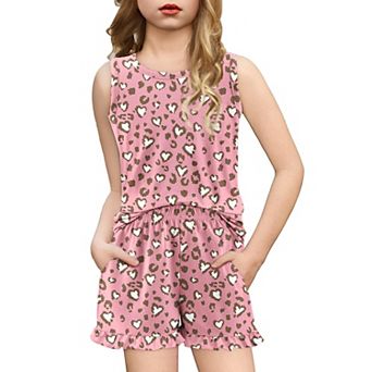 Arshiner Girls Pajamas Summer Ruffle Sleepwear Cute Tank Top And Shorts Set Pajamas Outfit Bow Heart