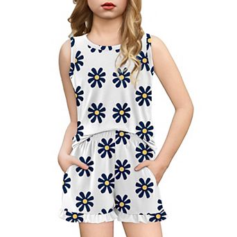 Arshiner Girls Pajamas Summer Ruffle Sleepwear Cute Tank Top And Shorts Set Pajamas Outfit Bow Heart